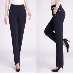 Elastic High Waist Plus Size Stretch Straight-leg Pants - Blue - View 1