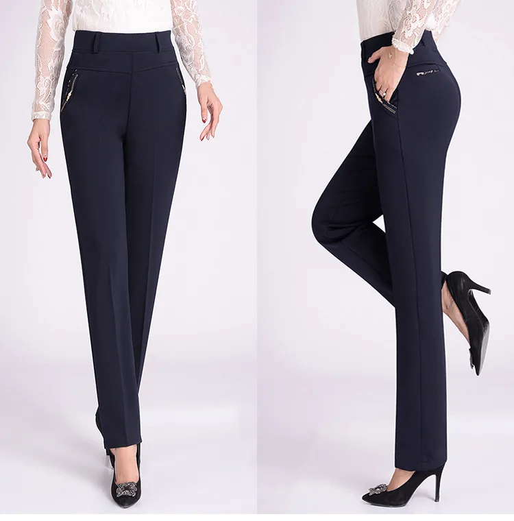 Elastic High Waist Plus Size Stretch Straight-leg Pants - Blue
