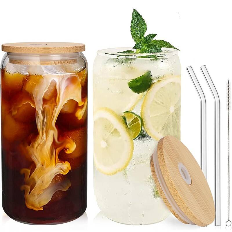 2pcs Glass Cups Set  Cups With Lids And Straw  Cleaning Brush 500ml 16oz Beer Can Shaped Drinking Glasses Set For Iced Coffee, Soda, Boba, Smoothie, Roostertail, Whiskey, Tea, Juice, Lat