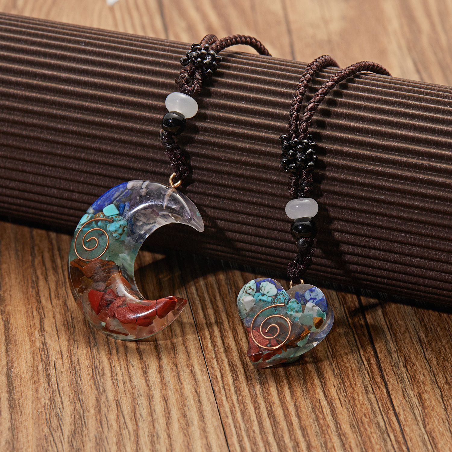 Cross-border Hot Selling European And American Geometric Heart Shape Moon Color Gravel Pendant Necklace Turquoise Garnet Sweater Chain