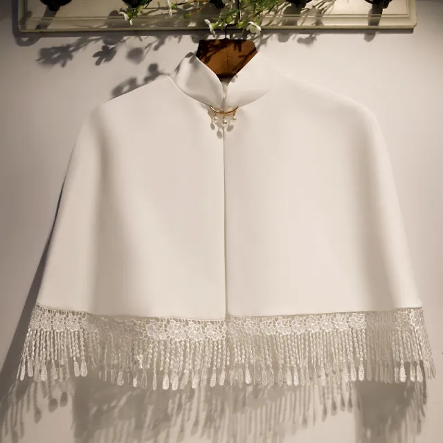 New Fringed Lace Stand Collar Pullover Shawl White - Shop at LoveMi