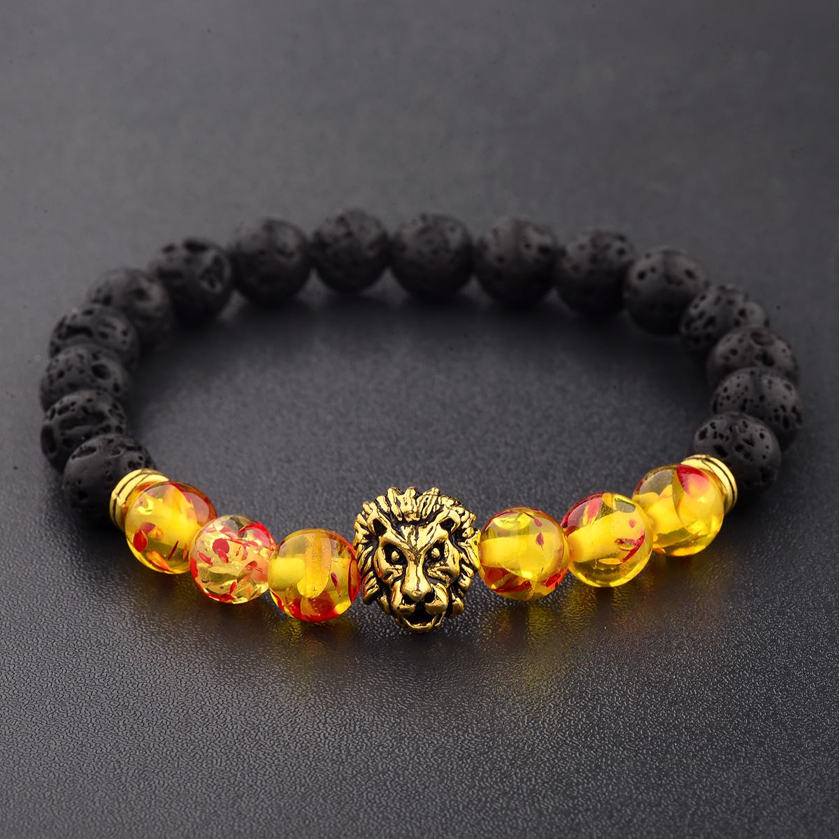 Black Lava Volcanic Stone Petal Beads Lion Head Accessories Men Domineering Bracelet