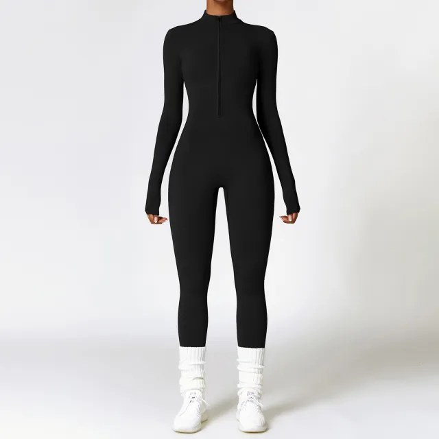 Warm Zipper Long sleeved Jumpsuit Yoga Fitness Sports Pants Breathable Bodysuit Women's Clothing Premium Black - Shop at LoveMi