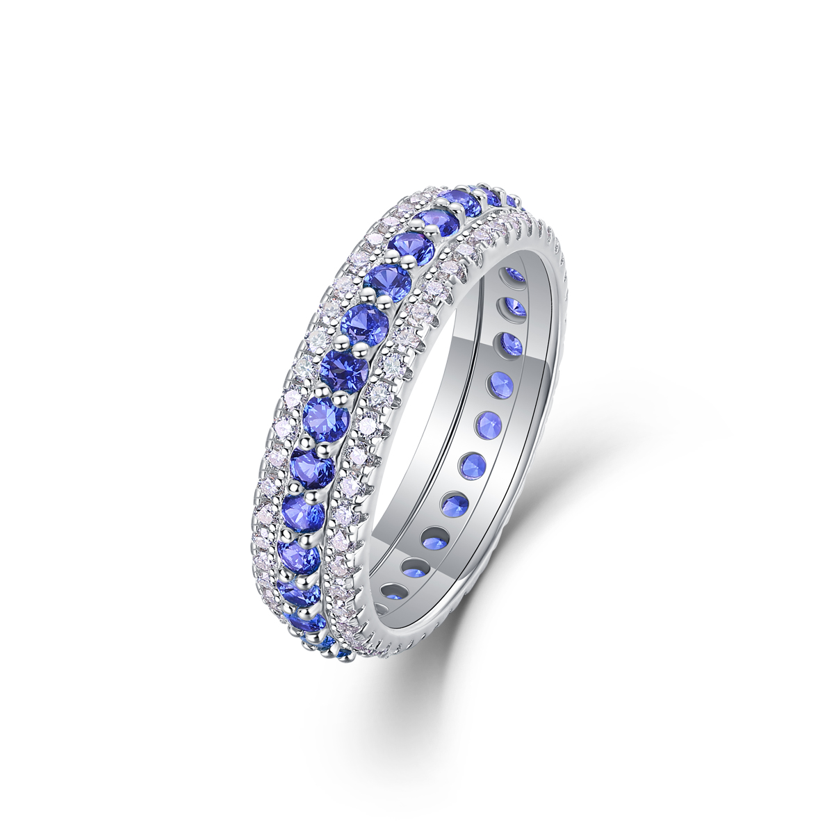 3.6g S925 Sterling Silver 3 Row Eternity Ring Synthetic Blue Sapphire & White Stones Band, Platinum Plated Promise Ring For Women, Jewelry Gift Box Set