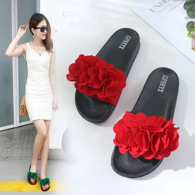 New One Line Women's Large Flat Bottom Flower Beach Sandals Red - Shop at LoveMi