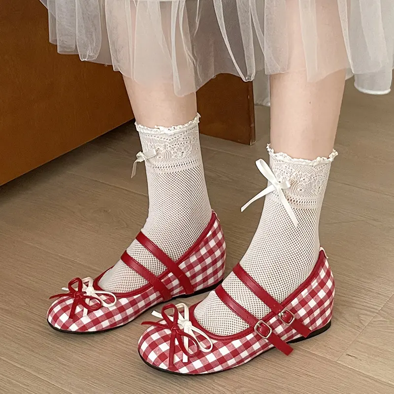 Women Sweet Preppy Two Strap Mini Bow Mary Jane Flat Shoes Matching Daily