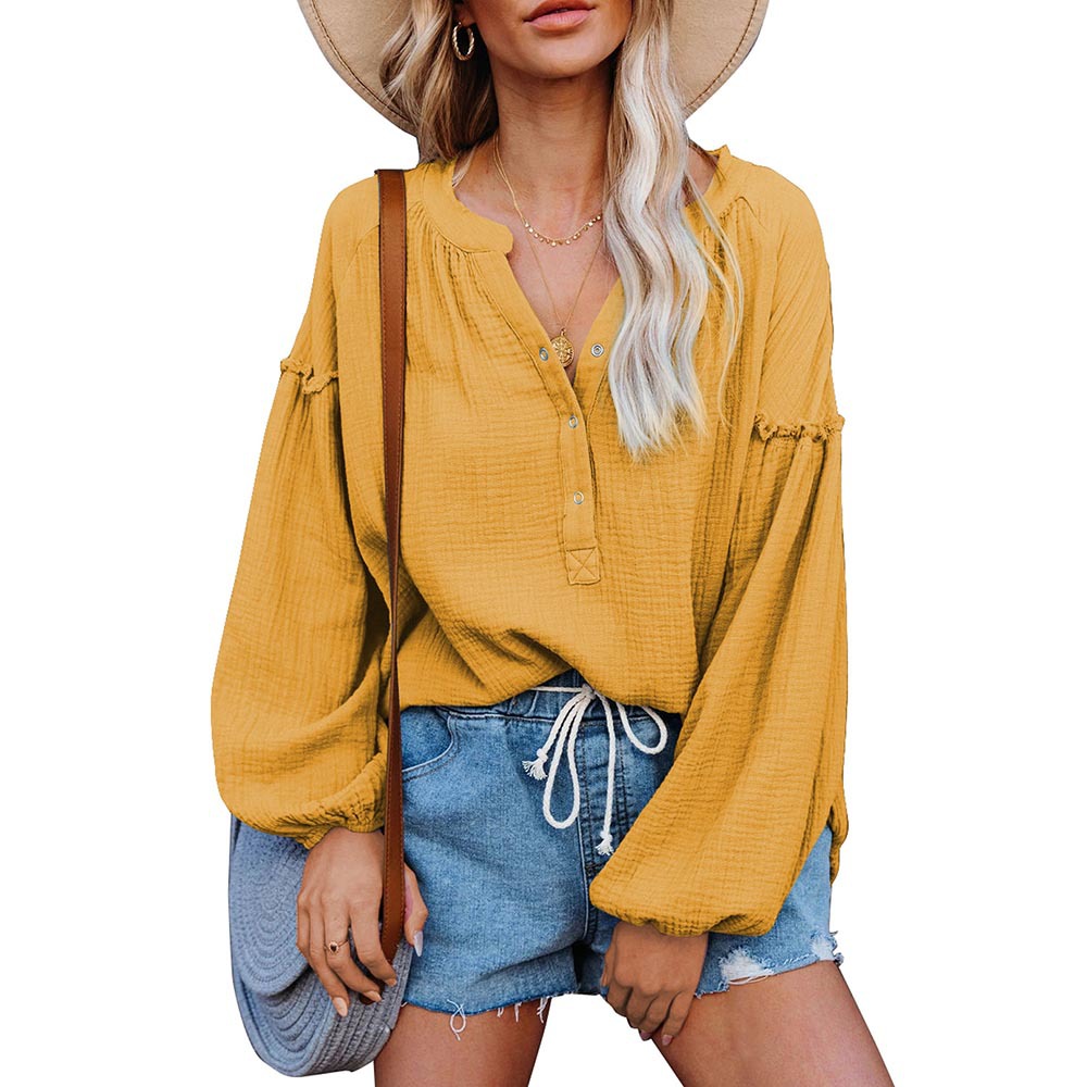 Solid Color Stitching Lantern Sleeves Buttoned V-neck Casual Shirt Women