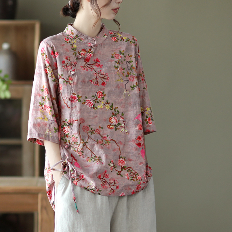 Title 2, Retro Printed Cotton And Linen Shirt With Stand...