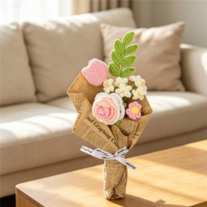 Handmade Crochet Rose Tulip Mixed Flower Bouquet, Knitted Yarn Everlasting Floral Arrangement