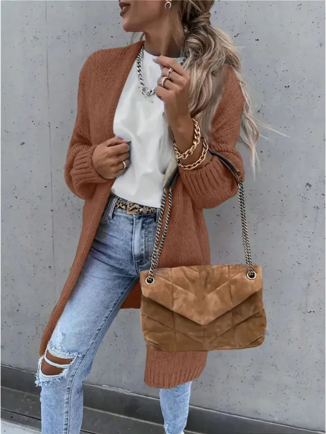 Women Solid Color Long Sleeve Casual Open Front Knit Cardigan - Brown