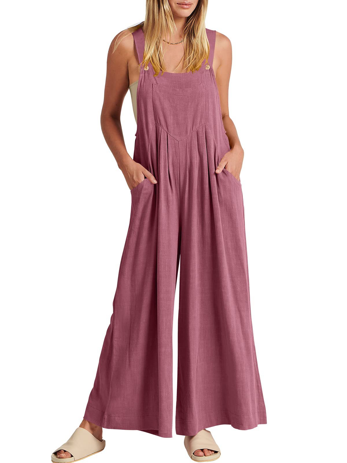 Women's Solid Color Loose Casual Cotton And Linen Suspender Jumpsuit