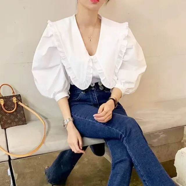High Collar Temperament Commuter Cotton Pullover Solid Color Short Sleeve Top White - Shop at LoveMi