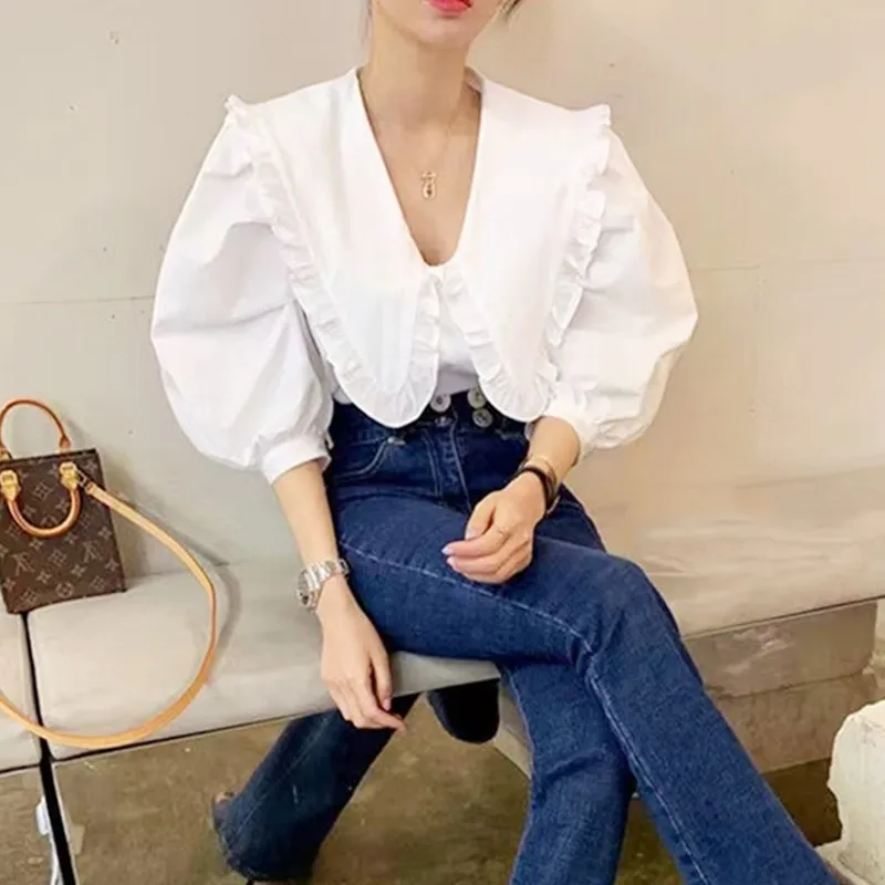 High Collar Temperament Commuter Cotton Pullover Solid Color Short Sleeve Top - White
