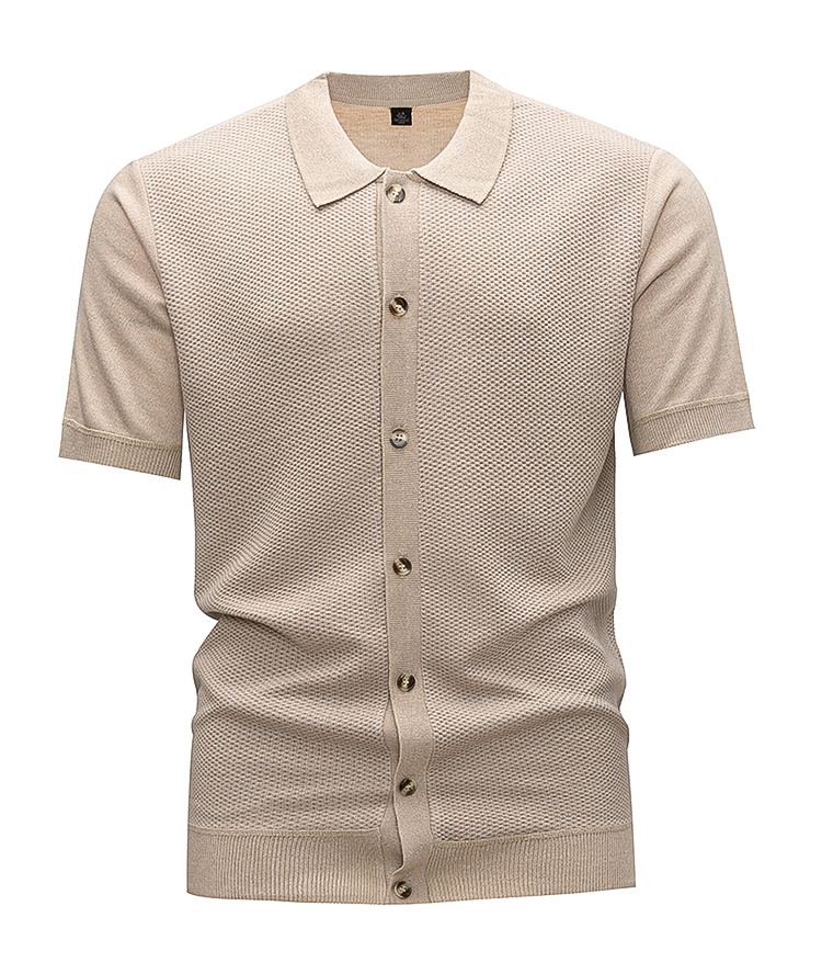 Men's Beige Short Sleeve Knit Polo Shirt, Button Down Waffle Textured Casual Top