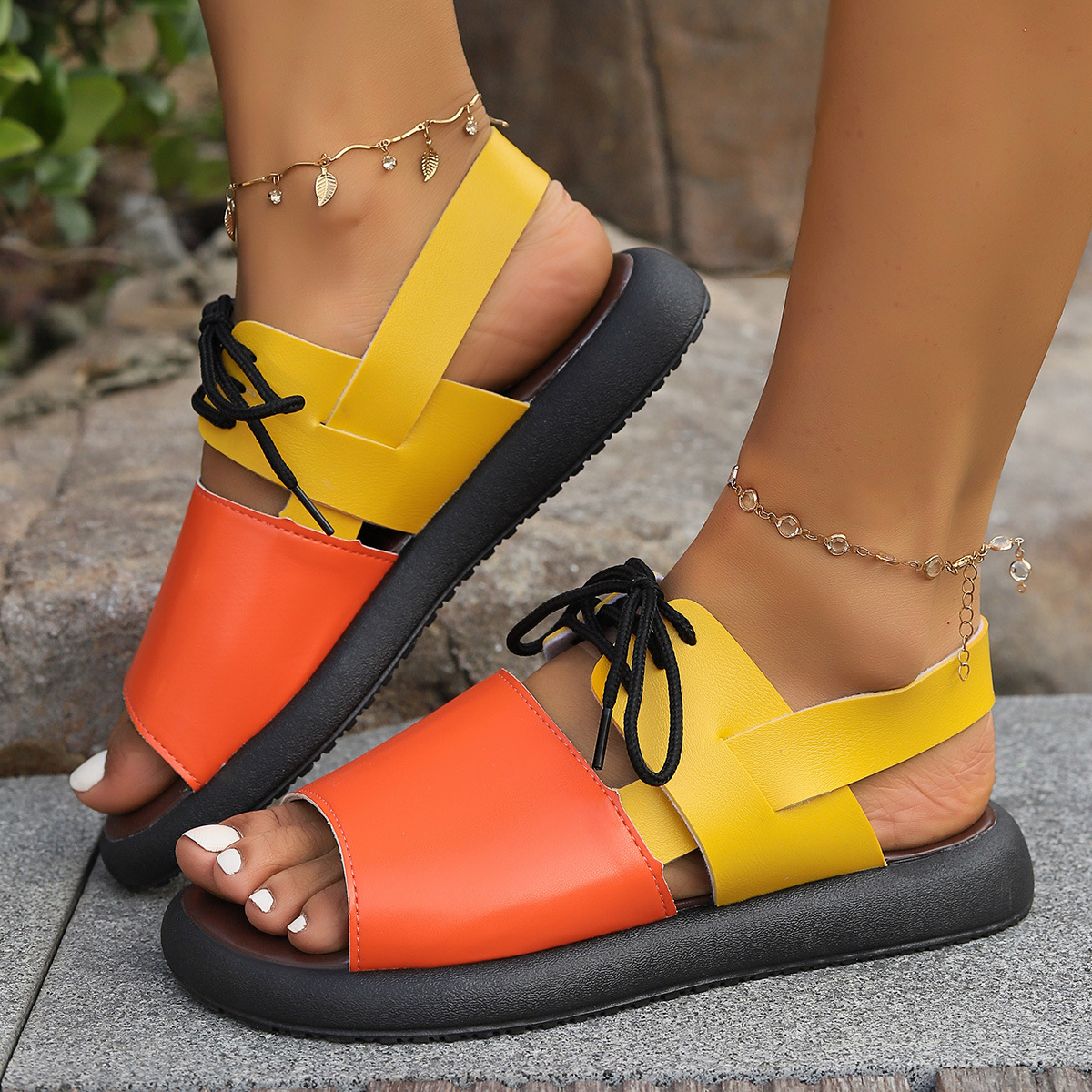 Color-block Lace-up Roman Sandals For Women Summer New Fashion Flat Fish Mouth Beach Shoes — image 6 of 7