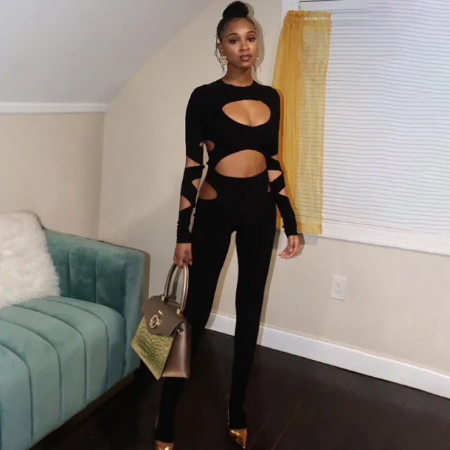 New Casual Hollow Out Navel Long sleeved Slim Jumpsuit Black - Shop at LoveMi