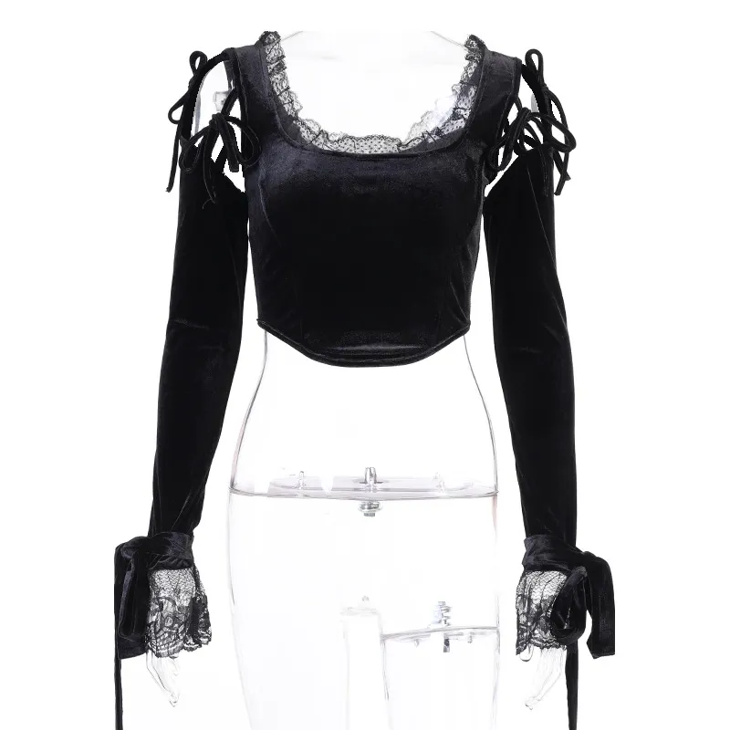 Dark Girl Bottoming Lace Breast-showing Long-sleeved Top - Black