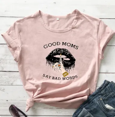 Color Printing Good Moms Say Bad Words Letter Short Sleeve T shirt Peach - Shop at LoveMi