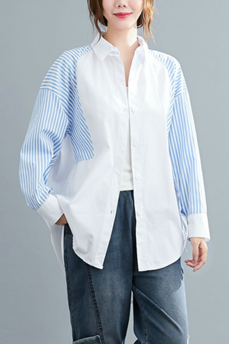 Title 1, Plus Fat Striped Stitching Shirt Fat MM Plus Size