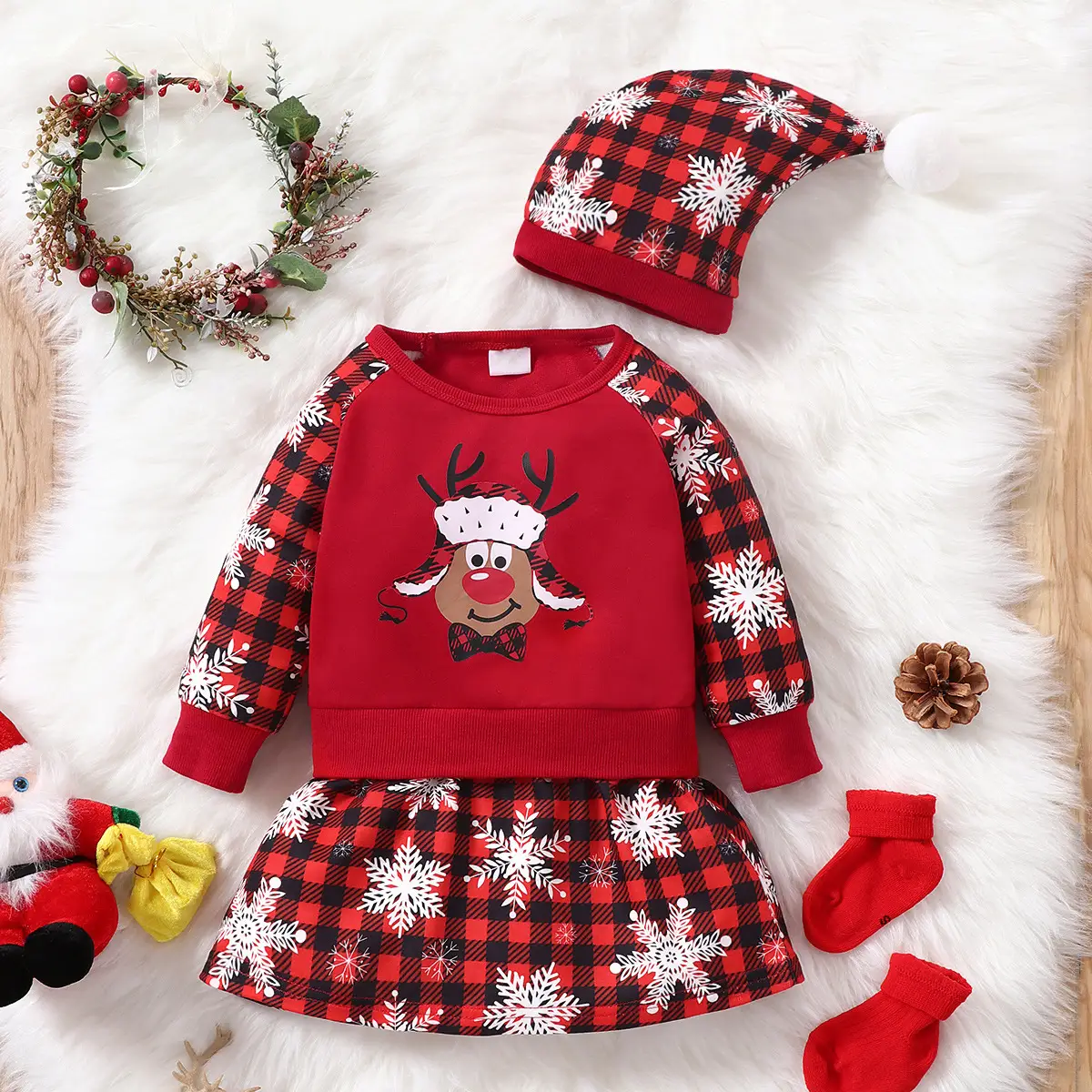 Baby Clothes Cotton Letter Santa Patchwork Plaid Long Sleeve Baby Bodysuit
