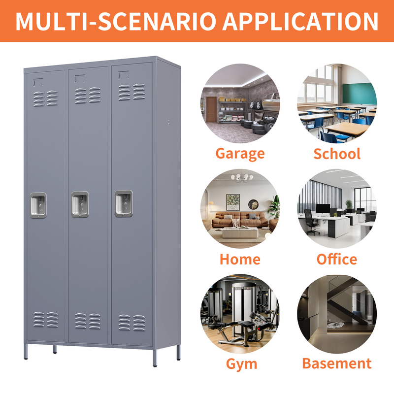 3-Door 72in Steel Locker W Locks For Employees, Storage Cabinet For Home Gym Office School Garage, Gray 6