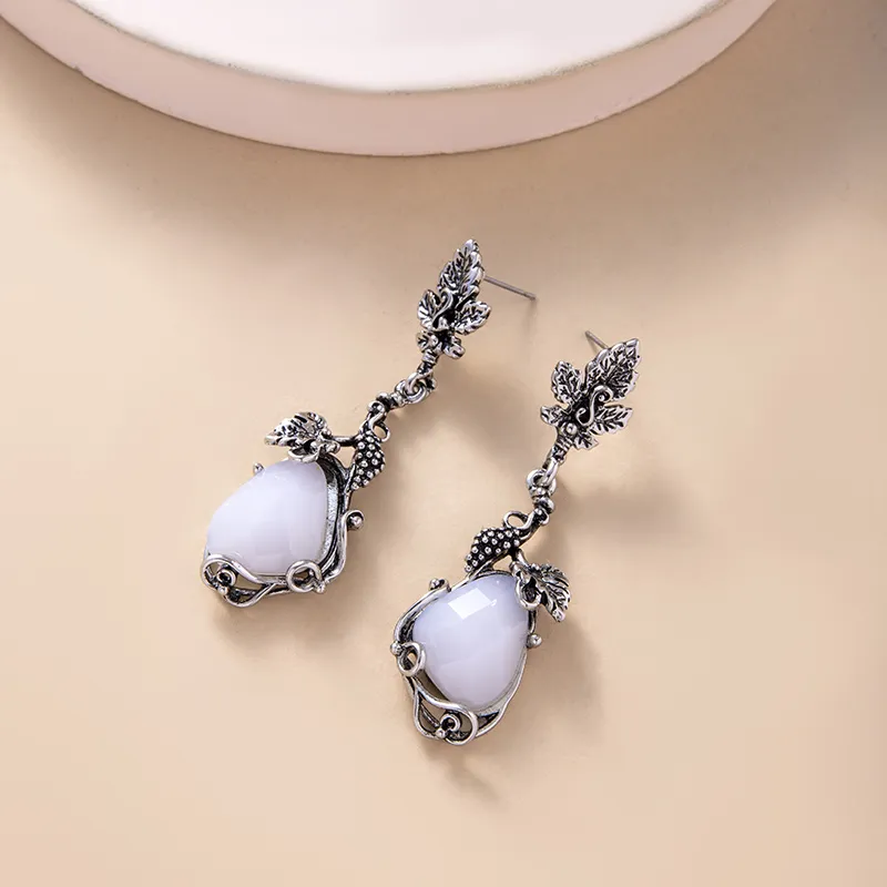 Vintage Leaf Flower Opal Stone Pendant Earrings - foto 3