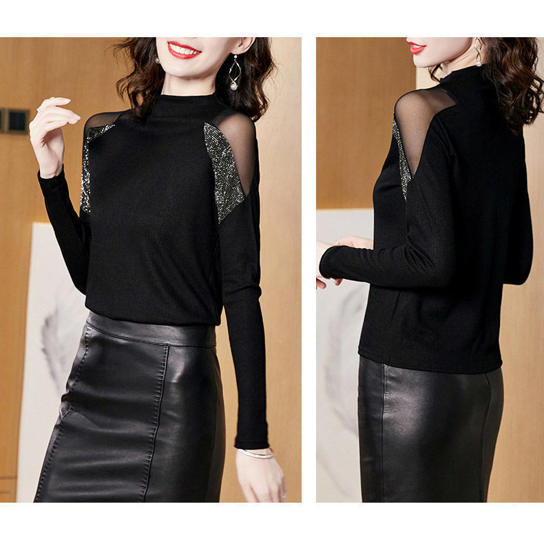 Plus Fleece No Fleece Half Turtleneck Leggings Long-sleeved Plus Fleece Black T-shirt