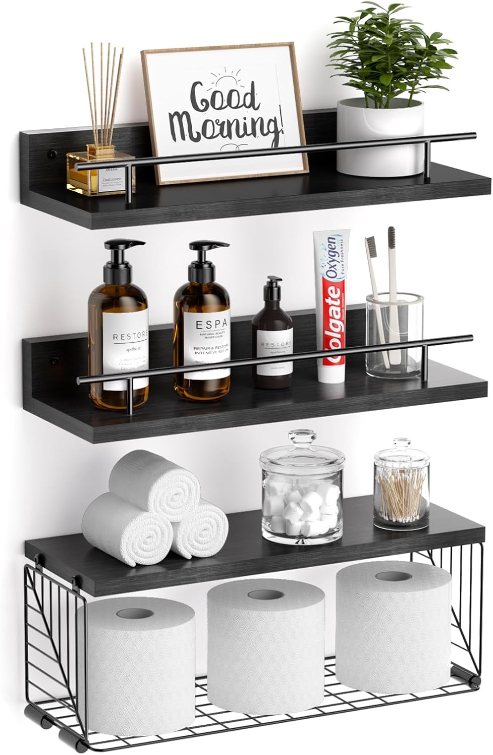 Bathroom Floating Shelves With Wire Storage Basket, Wood Wall Mounted Shelves With Metal Guardrail For Toilet, Kitchen And Bedroom