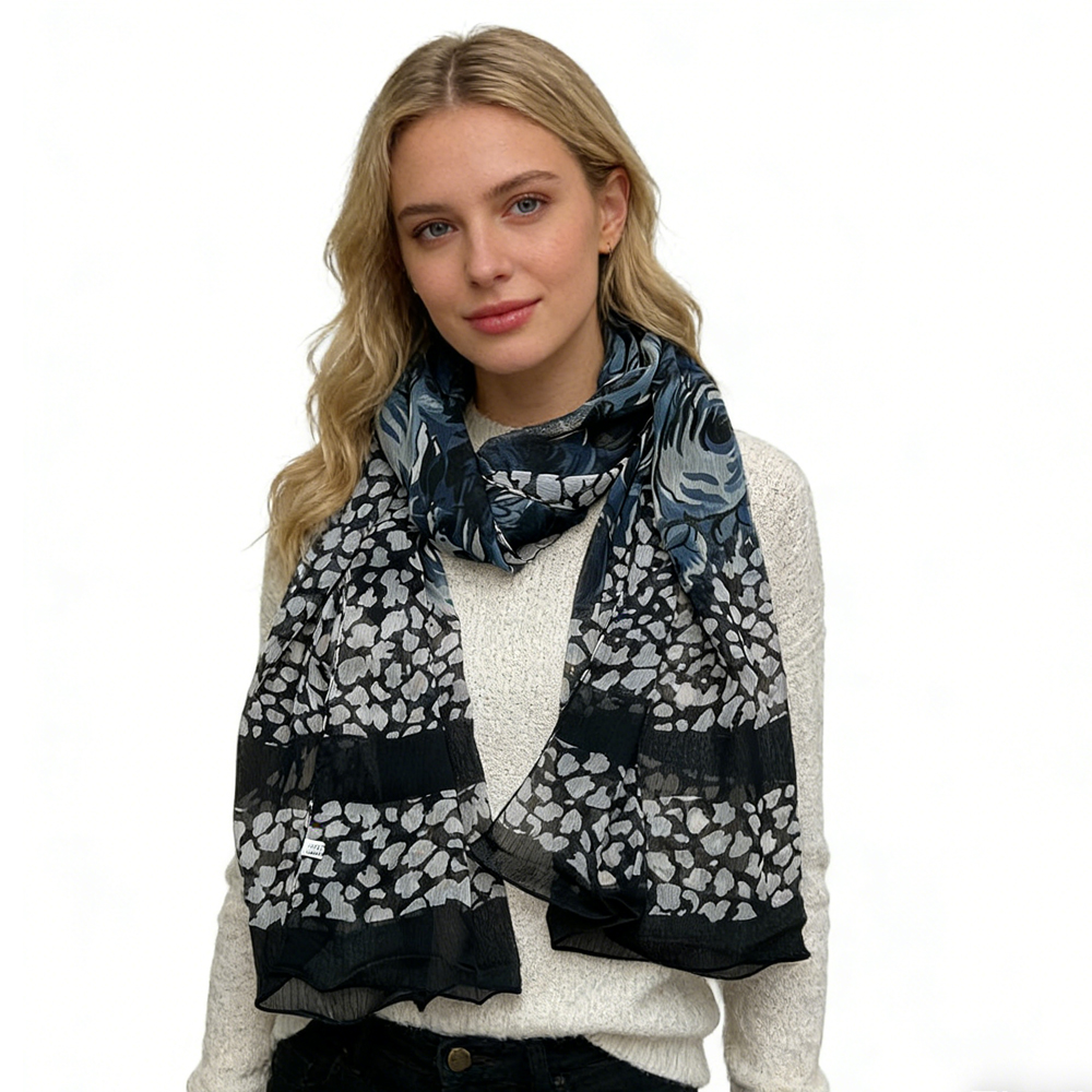 Black Printed Polyester Scarf - Classic Everyday Scarf 67inchx21inch