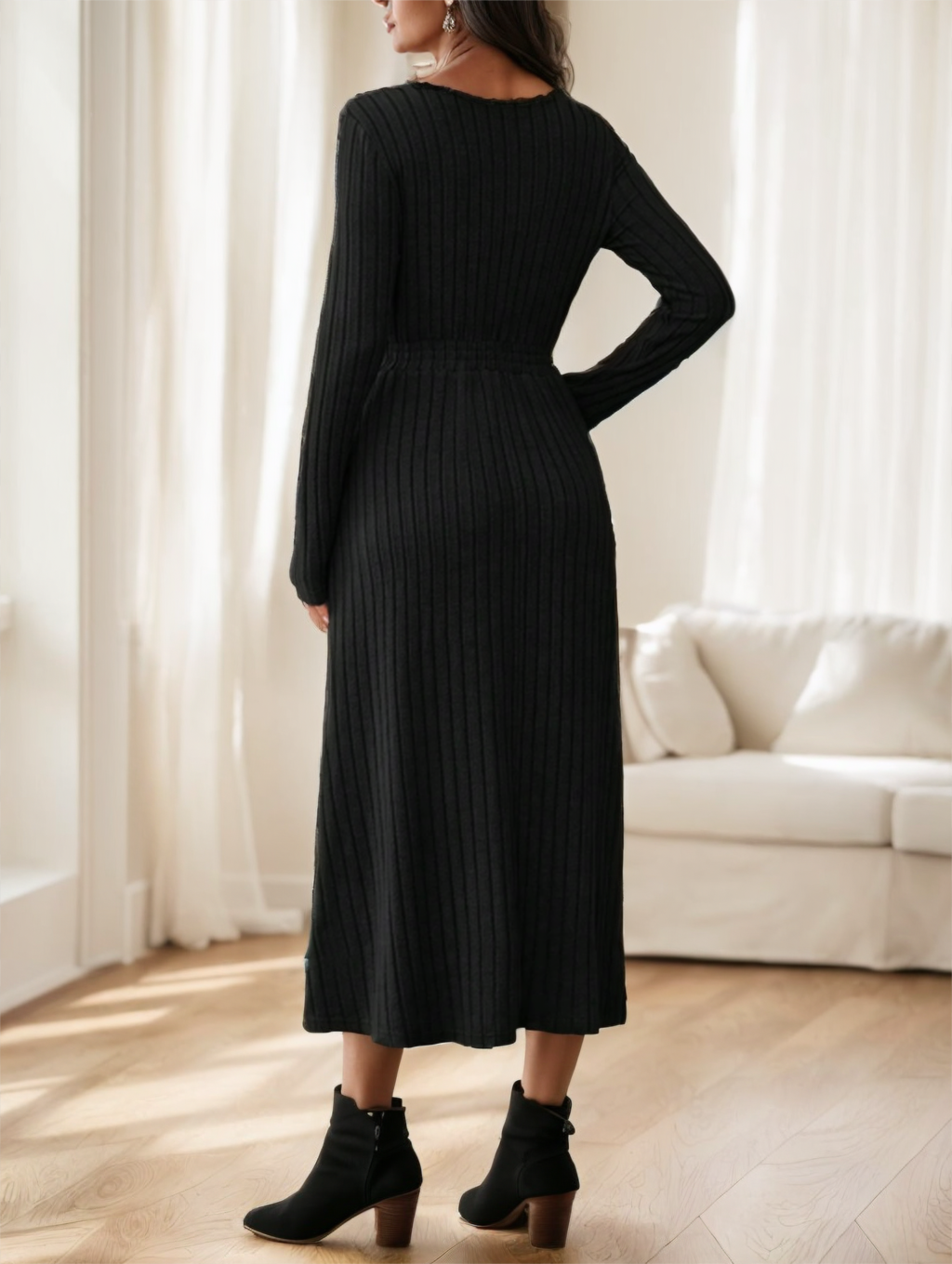 Women's Fall Solid Color Casual Long Sleeve Midi Dress With Belt Decoration