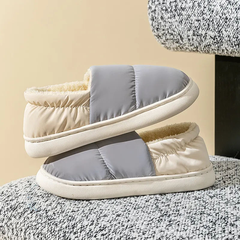 Winter Thickened Warm Cotton Shoes With Back Heel Mixed-colour Down Cloth Slipper For Couple Garden Outdoor Indoor Floor Home Slippers Women - Grey