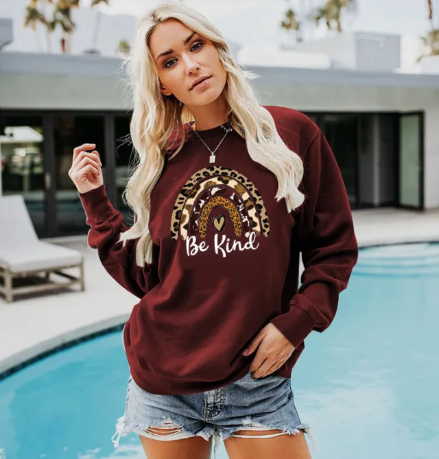Ladies Leopard Print Rainbow Rain Casual Sweatshirt Red - Shop at LoveMi