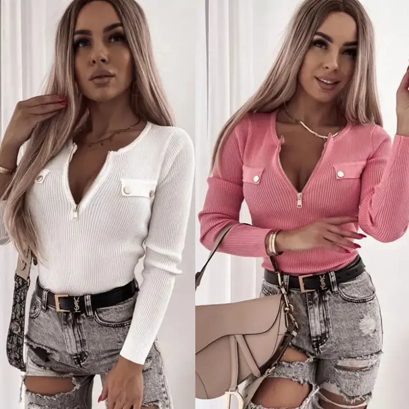 Fashion Knit Slim Long Sleeve Pullover Zip Top T-shirt