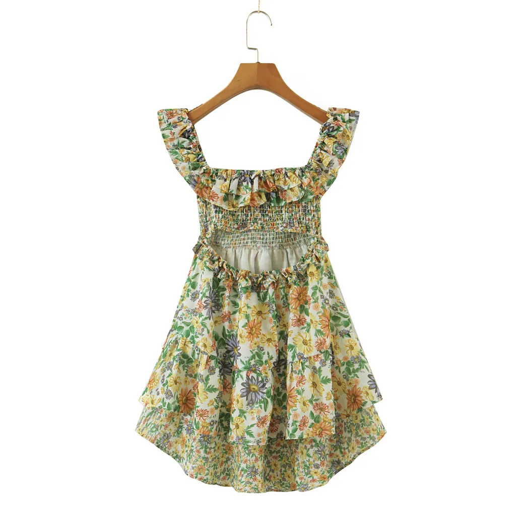 Slim Fit Printed Cutout Sleeveless Ruffle Dress - Photo Colour