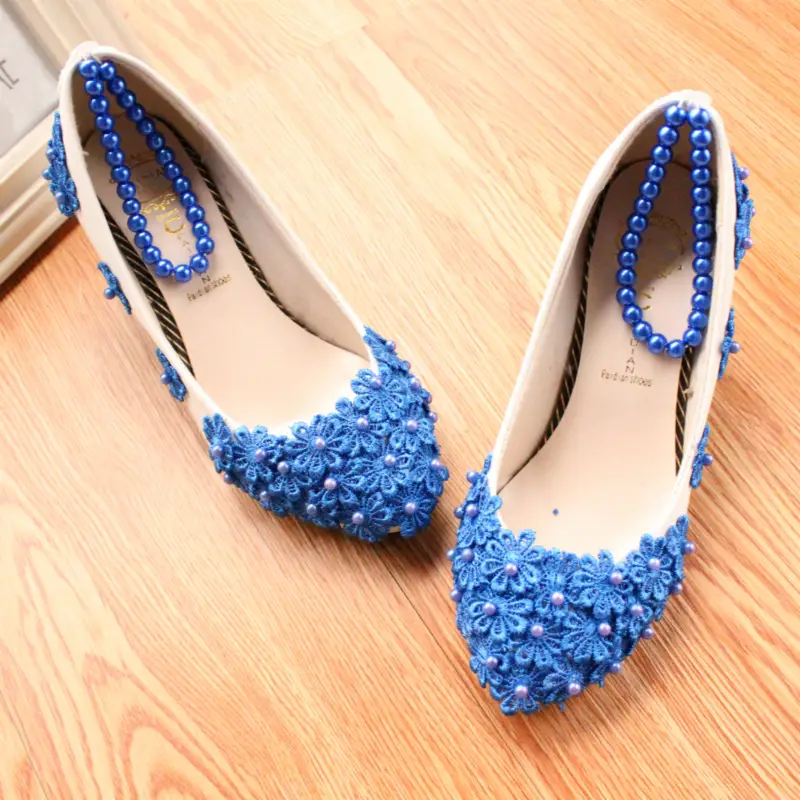 Women's Blue Pearl Embellished High Heels with Anklet Strap