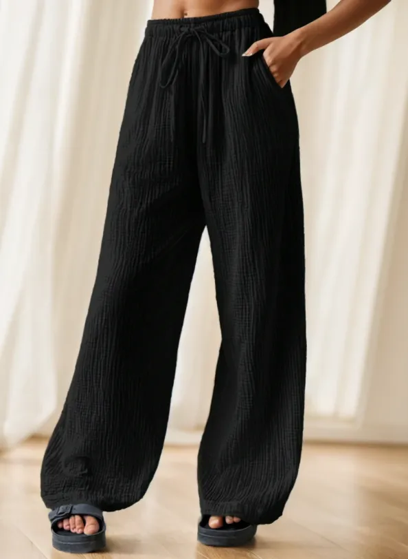 Women's Solid Color Simple Texture Wrinkled Loose Fit Pants For Daily Wear Black - Shop at LoveMi