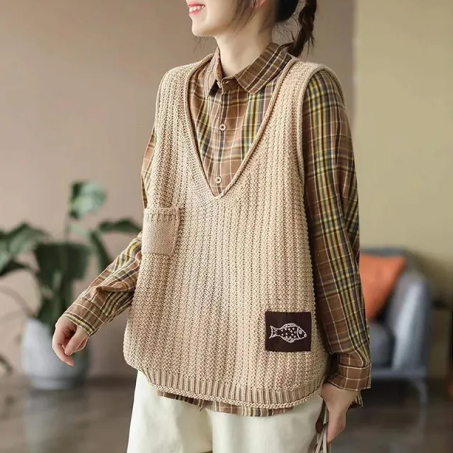 Vest Women Knitted Vest Women V Neck Loose Khaki - Shop at LoveMi