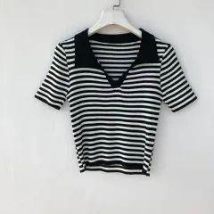 Striped Lapel Beaded Cool Summer Short Sleeved Knitted T Shirt - White - View 1