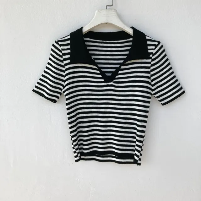 Striped Lapel Beaded Cool Summer Short Sleeved Knitted T Shirt Black And White - Shop at LoveMi