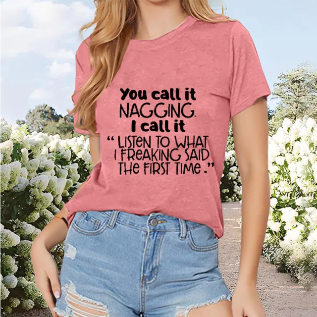 Women's Round Neck Short Sleeve T Shirt Phrase Print Casual Summer Tee Pink - Shop at LoveMi