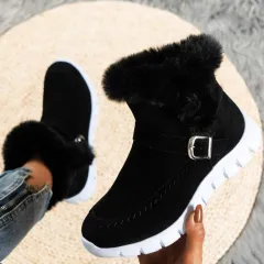 New Snow Boots Winter Warm Thickened Solid Colour Plush Ankle Boots With Buckle Design Plus Velvet Flat Shoes For Women - Black - View 1