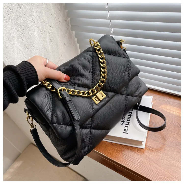 Diamond Crossbody Soft Leather Chain Large Bag - Black