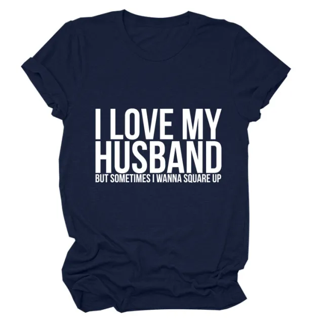 Letters Fashion Round Neck Short Sleeve Women's T shirt Navy Blue White Font - Shop at LoveMi