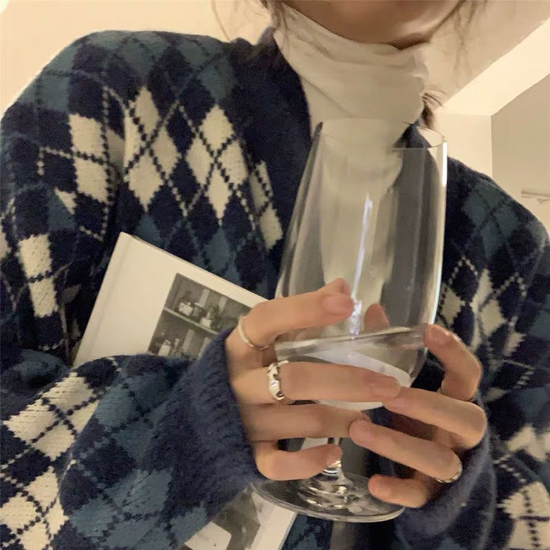 Check Color Contrast V Neck Long Sleeved Sweater Coat