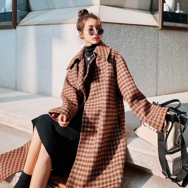 Women's Loose Mid-length Plaid Woolen Coat