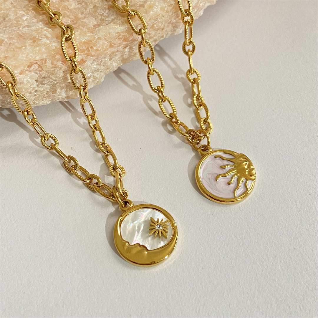 Sun Moon Round Mother Shell Pendant Necklace