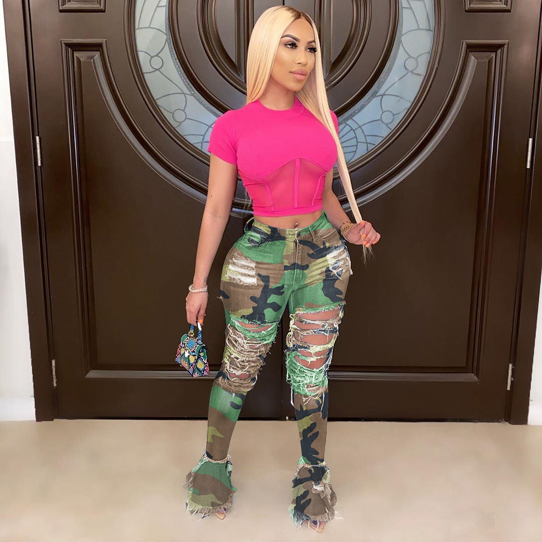 Classic jeans with fringed holes Camouflage Xl - Shop at LoveMi