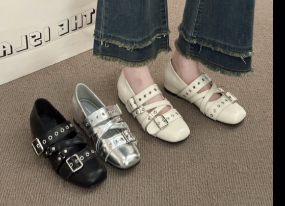 Women Silver Korean Style Hidden Wedge Mary Jane Shoes, 2026 New Spring Ballet Style JK Casual Flat Shoes
