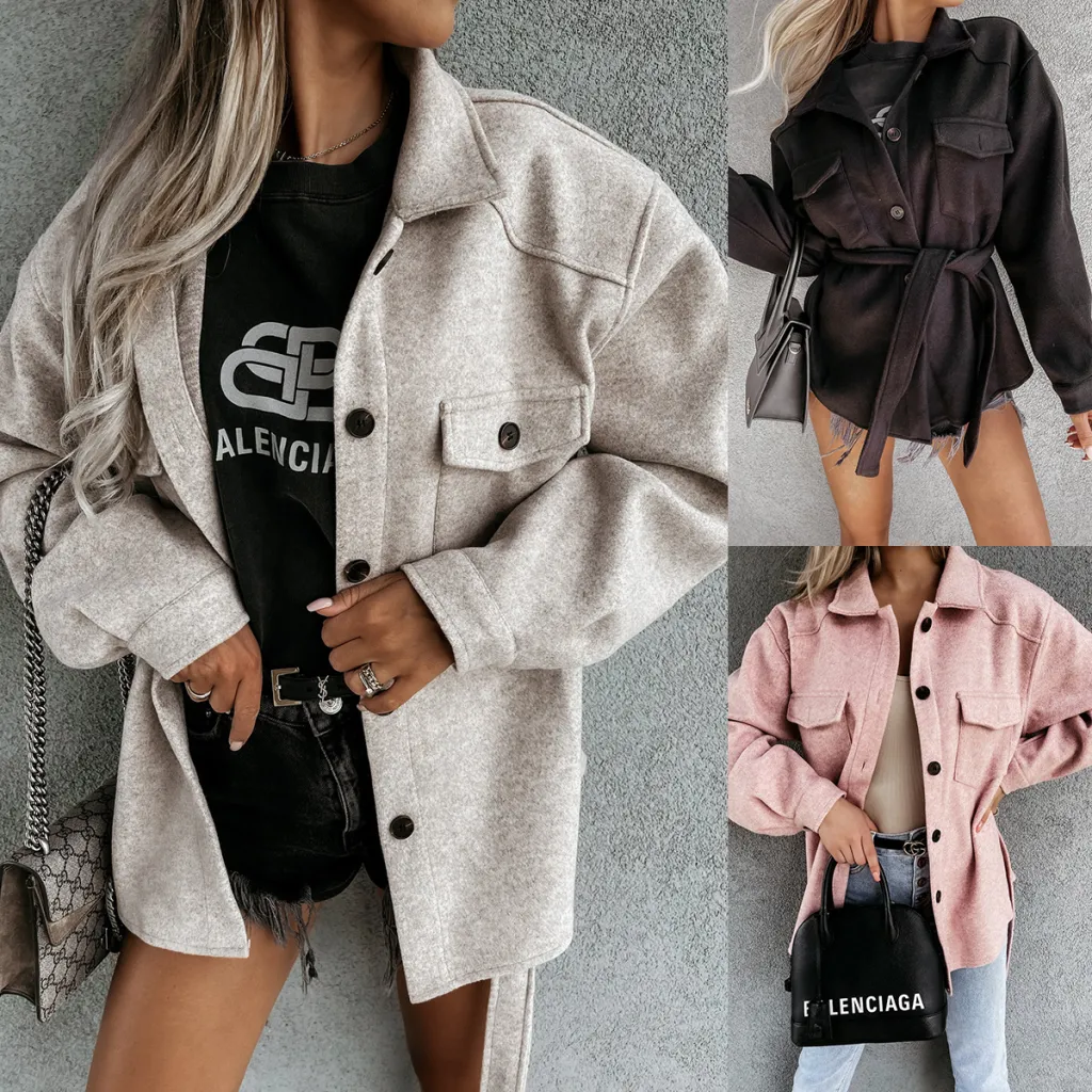 Solid Color Lapel Single-breasted Loose Woolen Coat - Grey