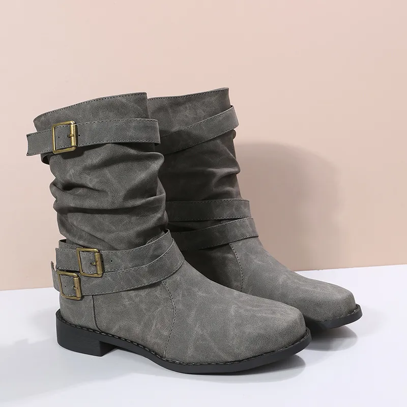 Low Heel Vintage Adjustable Buckle Boots Women Combat Biker Western Goth Shoes - Grey